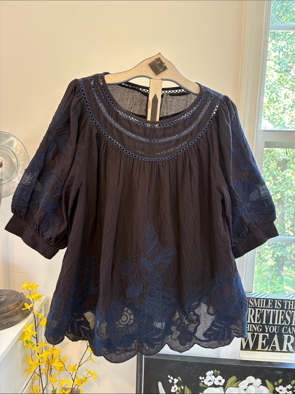 Anthropologie Navy Salma Peasant Blouse